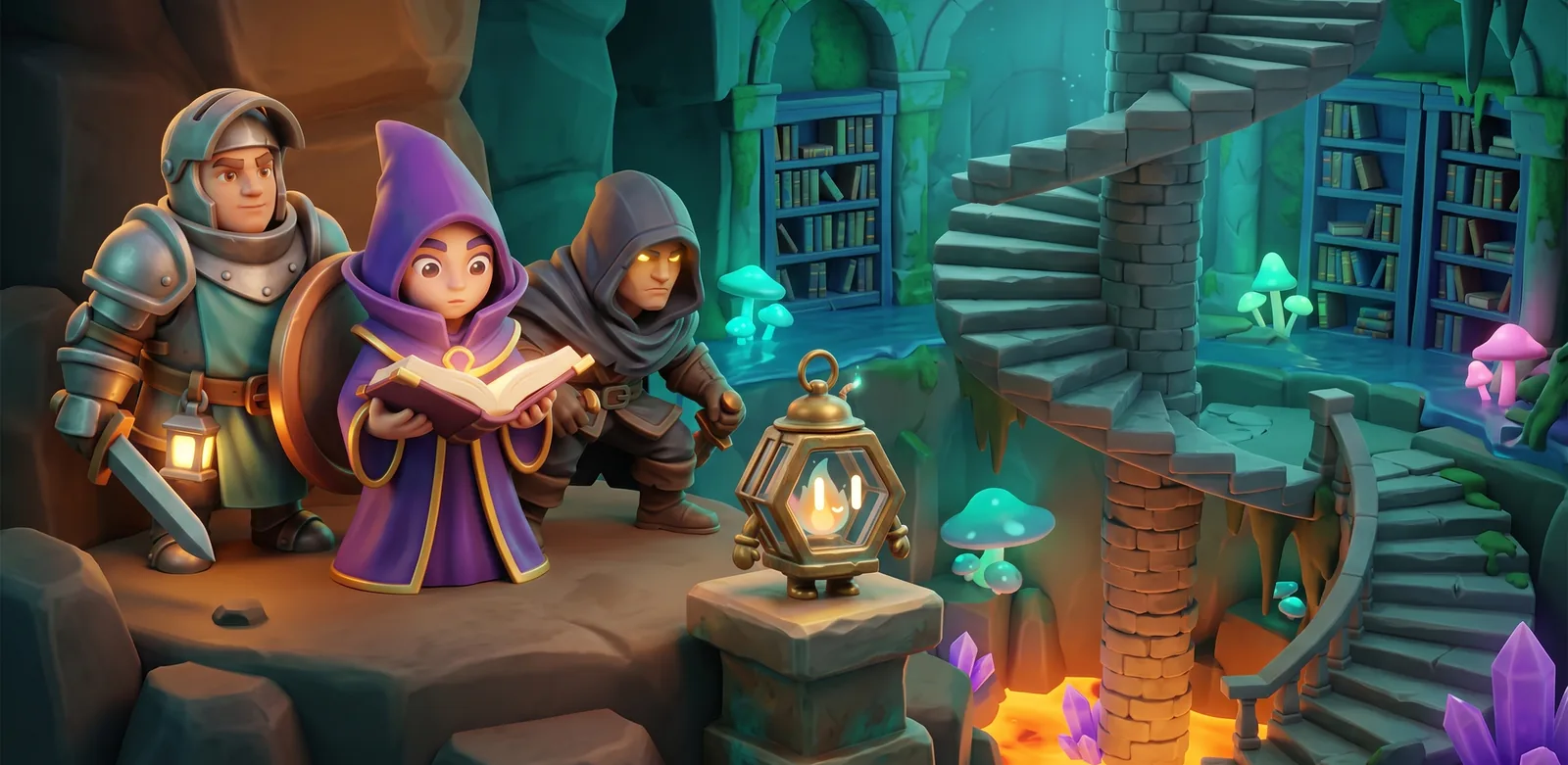 The Warden, the Arcanist and the Shade with Wick, the little living lantern, beside a spiral stair down into the depths